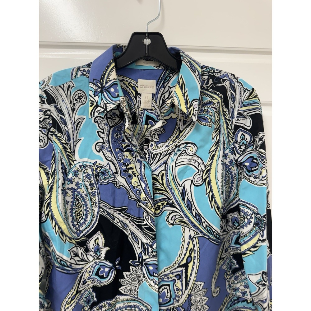 Chicos No‎ Iron Shirt Blouse Button Front Paisley Print Blue Women Size 0 S - Picture 2 of 12